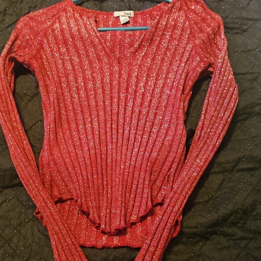 LEI Red Shimmer Ribbed Blouse